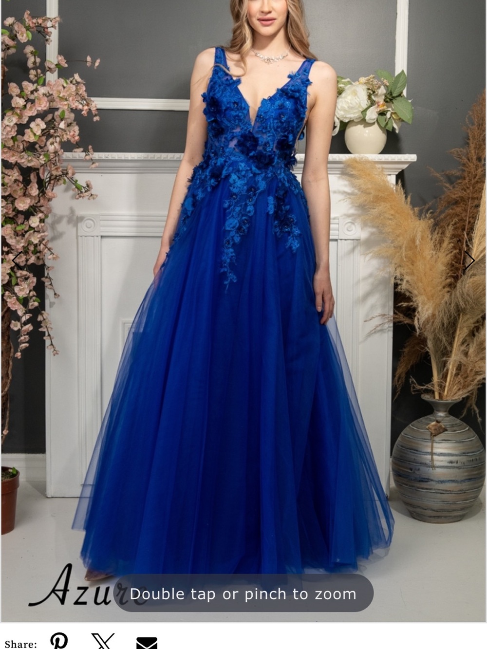 Azure Blue Floral Applique Tulle Prom Dress